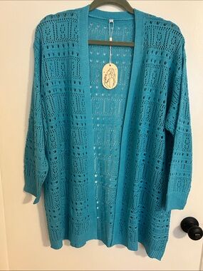 Open Front Turquoise Blue Crochet Cardigan Sweater